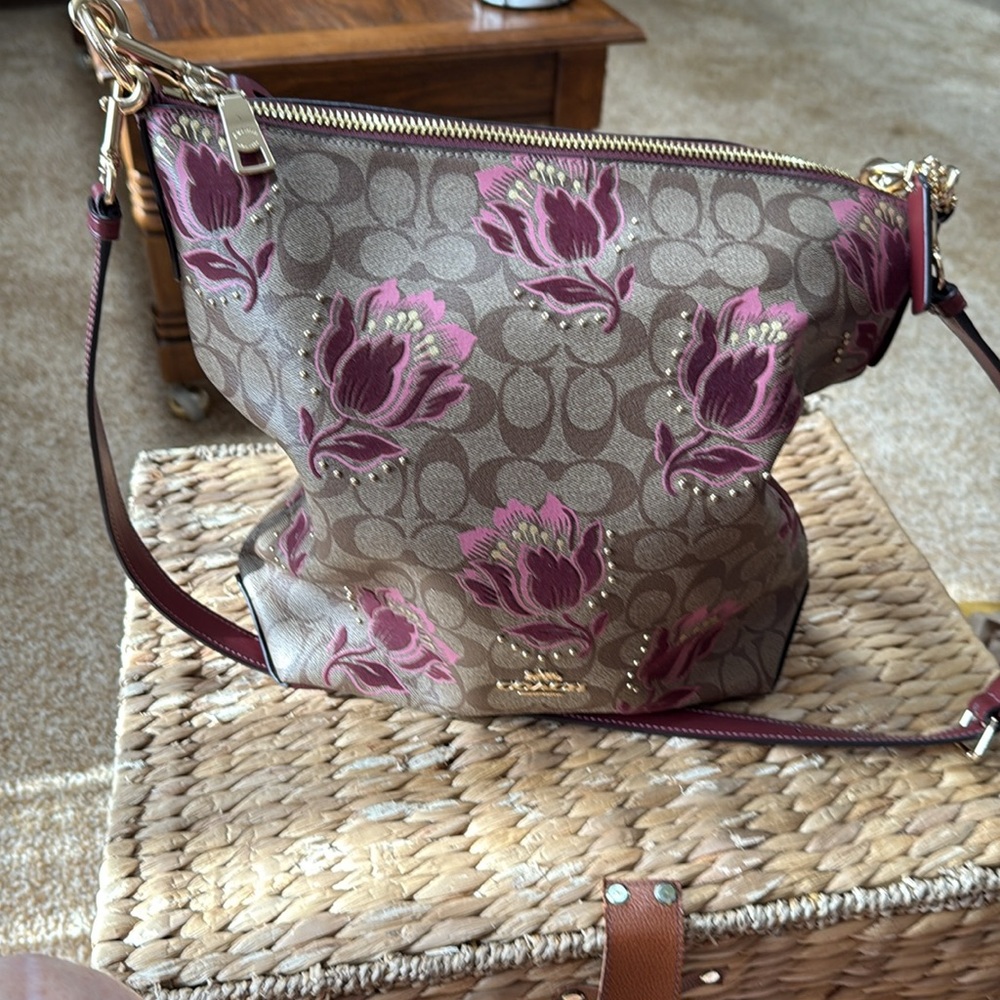 Coach Brown and Pink Shoulder Bag with Floral Design